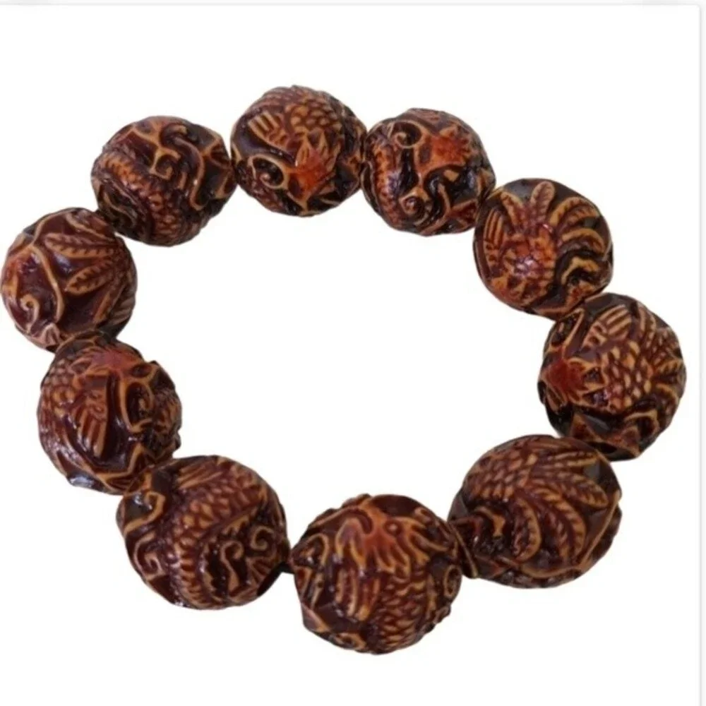 Simulated Wood carved brown stretch  beaded bracelet  7 inch Tribal Halloween *